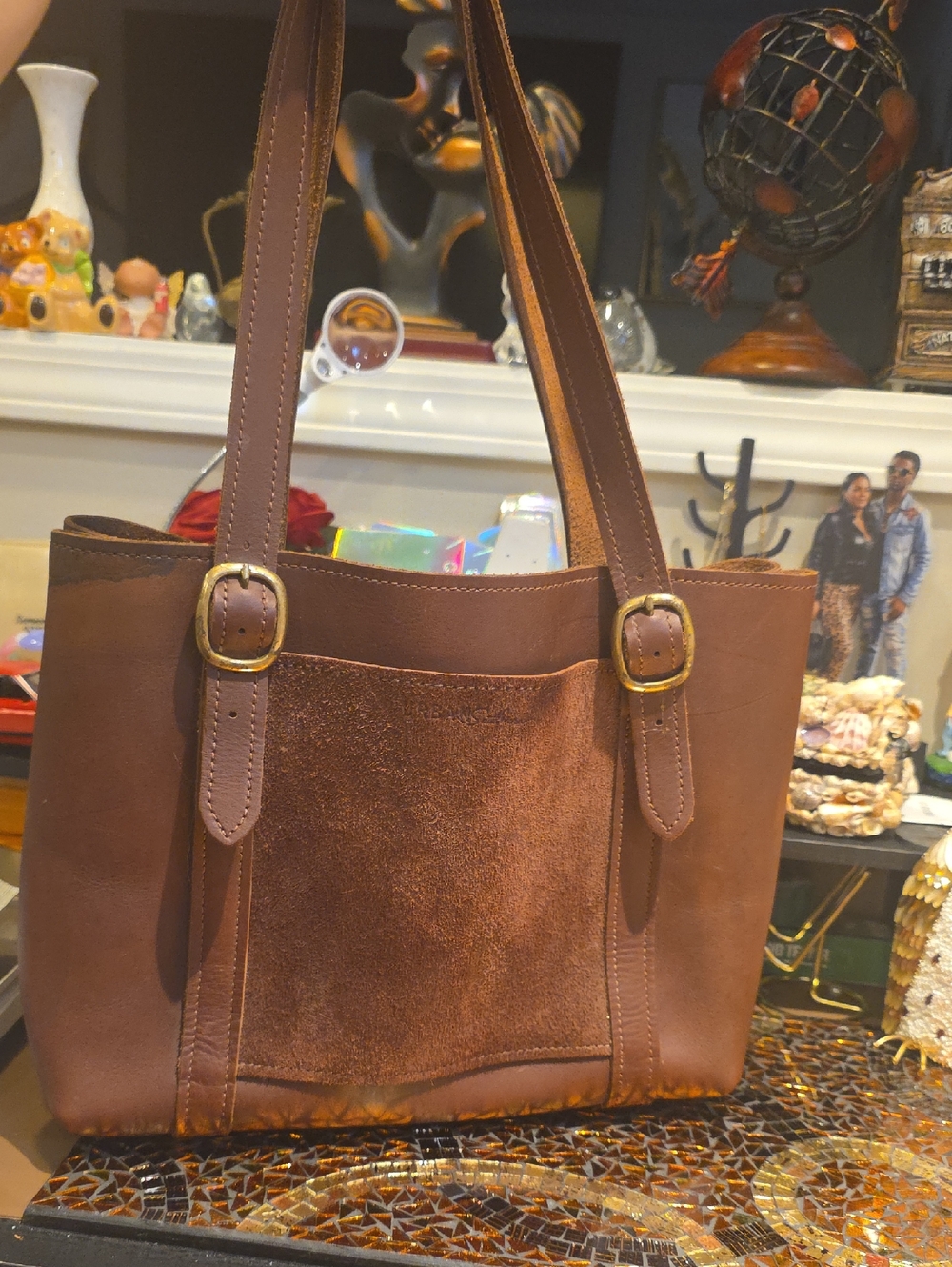 Women's Brown Leather Suede Panel Tote Bag
